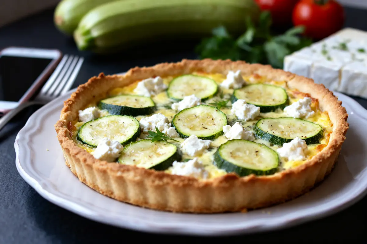 Tarte courgette et fromage sur pâte sablée prête pour recette salée avec pâte sablée prête