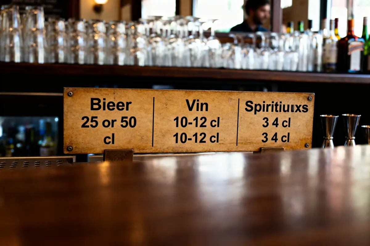 Tableau des doses d’alcool au bar en cl pour bière, vin et spiritueux