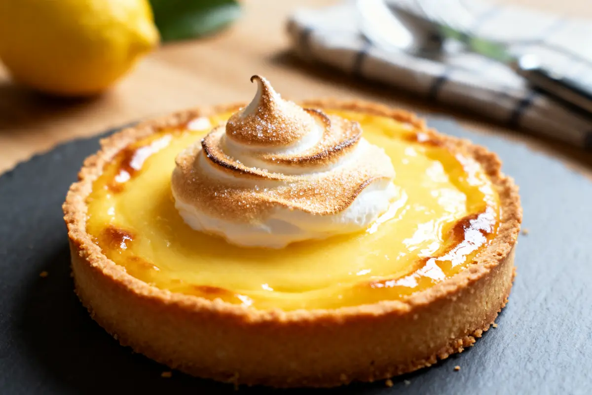 Tarte aux citrons meringuée de Cyril Lignac sur ardoise avec citron en arrière-plan